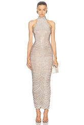 Women Celebrity Sexy Sleeveless Diamonds Backless Ruched Beige Maxi Long Gowns Dress 2025 Elegant Evening Party Club Vestido